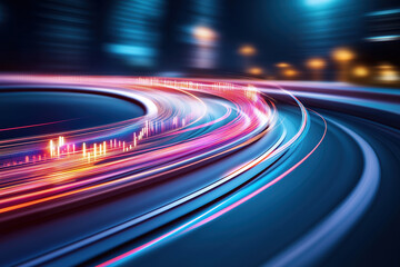 Fototapeta premium Light trails from speeding vehicles create vibrant patterns on a city street at night