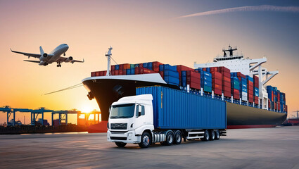 Sunset at the Shipping Port High-Resolution Photograph of a White Truck with Blue Container, a Docked Cargo Ship, and an Ascending Airplane Against a Warm Gradient Sky