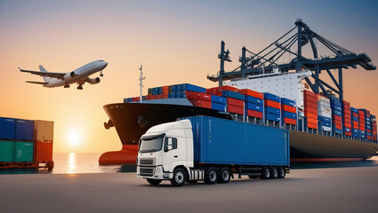 Sunset at the Shipping Port High-Resolution Photograph of a White Truck with Blue Container, a Docked Cargo Ship, and an Ascending Airplane Against a Warm Gradient Sky