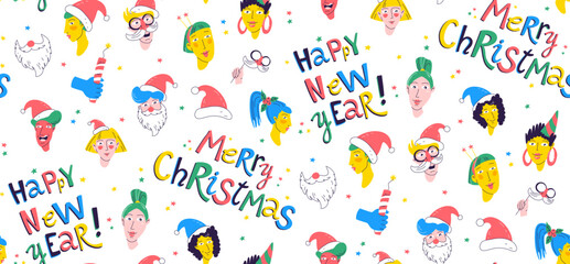 Festive Holiday Messages Bright, colorful Seamless pattern background cheerful Christmas and New Year greetings. Playful typography, spirit of celebration. Perfect cards, posters, digital designs. Fla