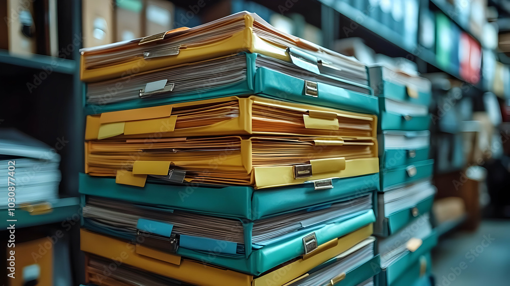 Poster Stacked folders in an organized office setting for document storage.