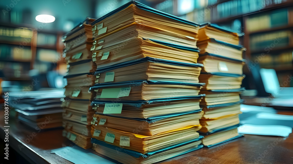 Poster stacked files and documents in a library setting.