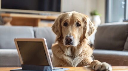 Golden Retriever Dog Looking at a Tablet Screen in a Living Room