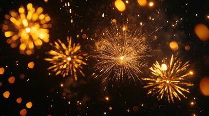 Naklejka premium Silvester Party Gold frame fireworks pyrotechnics firework on dark black night sky texture