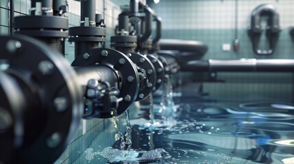 Industrial Water Treatment System: Close-up of Pipes and Water Flow