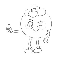 Cheerful cartoon mangosteen fruit character. Mascot is in outline format, ideal for childrens coloring books, and is perfect for a tropical fruit theme. eps10