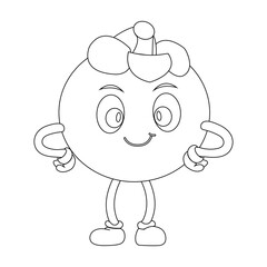 Cheerful cartoon mangosteen fruit character. Mascot is in outline format, ideal for childrens coloring books, and is perfect for a tropical fruit theme. eps10