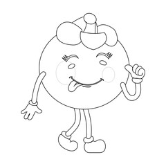 Cheerful cartoon mangosteen fruit character. Mascot is in outline format, ideal for childrens coloring books, and is perfect for a tropical fruit theme. eps10