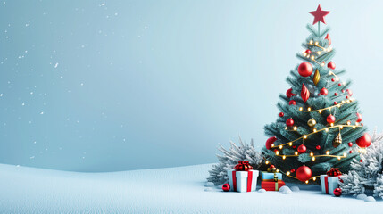 Obraz premium Christmas tree with ornaments in a white snowy background. Copy space for text advertisement.