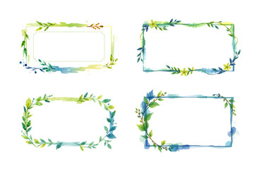 Fototapeta premium empty frames with lime and indigo, lilys and willow leaves, brush stroke art, stylized paint, isolated