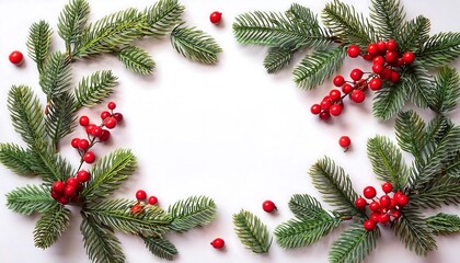 Festive spruce branches and red berries arranged on a white background for a seasonal celebration. Generative AI