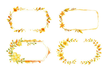 empty labels with yellow and amber, graceful flowers and big lush leaves, on white background, stylized ink card, brush stroke art
