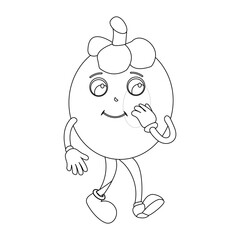 Cheerful cartoon mangosteen fruit character. Mascot is in outline format, ideal for childrens coloring books, and is perfect for a tropical fruit theme. eps10