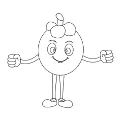 Cheerful cartoon mangosteen fruit character. Mascot is in outline format, ideal for childrens coloring books, and is perfect for a tropical fruit theme. eps10
