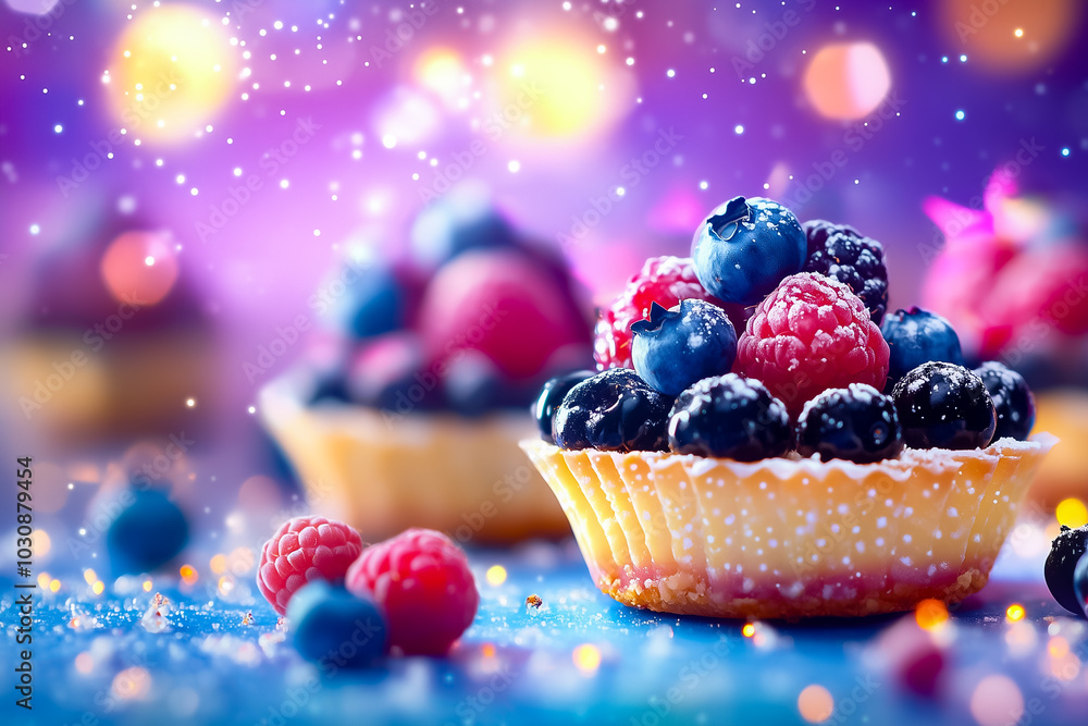 Poster small fruit tarts topped with a colorful array of berries are beautifully arranged, creating an invi