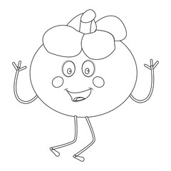 Cheerful cartoon mangosteen fruit character. Mascot is in outline format, ideal for childrens coloring books, and is perfect for a tropical fruit theme. eps10