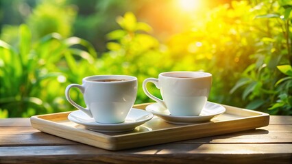 Obraz premium Serene Morning Coffee Experience with White Cups in Sunlight