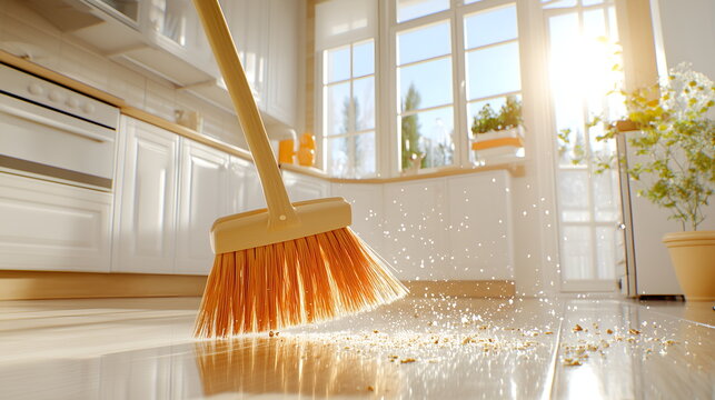 A sweeping broom collecting dust on a kitchen floor, cleaning and housekeeping concept