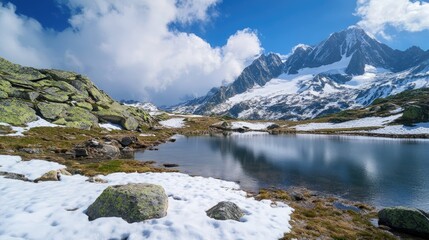 Obraz premium mountain range with snow-white peaks in far away in low clouds