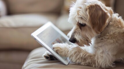 Cute Dog Using a Tablet on a Couch