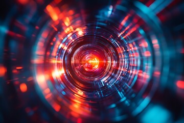 Red and Blue Neon Light Tunnel with Glowing Circles and Blurred Lines