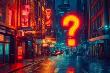 A vibrant city street illuminated by neon lights. Mystery fills the air with a bright glowing question mark. Explore the intrigue of urban nightlife. Generative AI