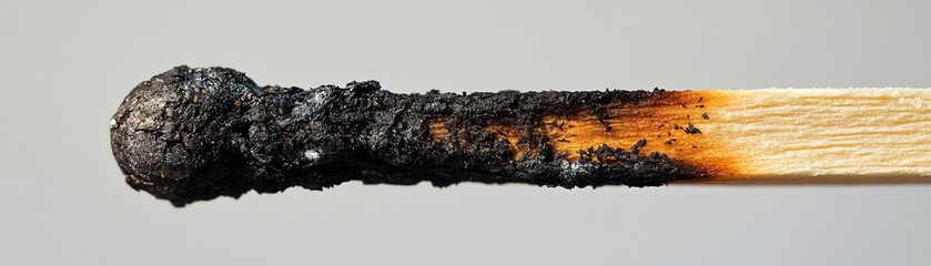 A close-up view of a burnt matchstick showcasing the charred tip and wooden body, illustrating the effects of combustion.