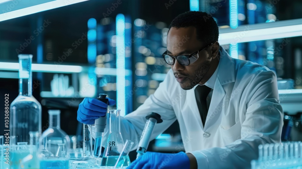 Aufkleber a scientist in a lab coat conducts an experiment with a pipette and beaker