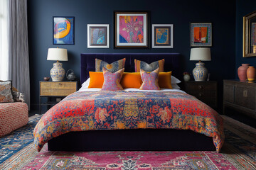 Maximalist bedroom with bold, layered textiles and rich patterns. Vibrant geometric duvet, mixed texture pillows, deep navy walls, and vintage Persian rug create an indulgent, eclectic atmosphere. 