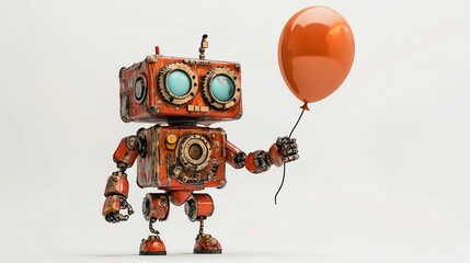 A charming retro robot holding an orange balloon, showcasing a whimsical blend of technology and playfulness.