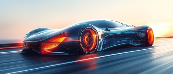 A sleek, futuristic sports car speeding along a vibrant highway at sunset, showcasing innovation and luxury in automotive design.