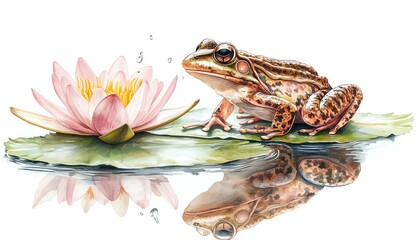 A serene frog resting on a lily pad beside a beautiful pink water lily, reflecting in calm waters, showcasing nature's tranquility.