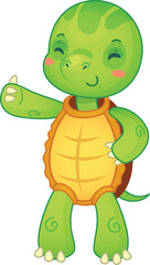 Cheerful cartoon turtle pointing and smiling on a white background, perfect for kids designs.