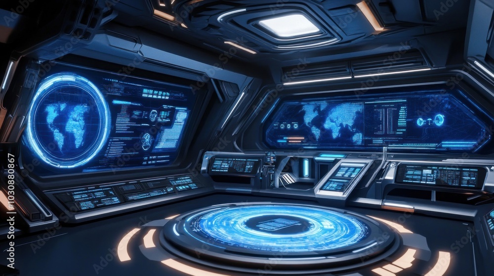Poster Futuristic Spaceship Bridge with World Map Displays and Circular Console