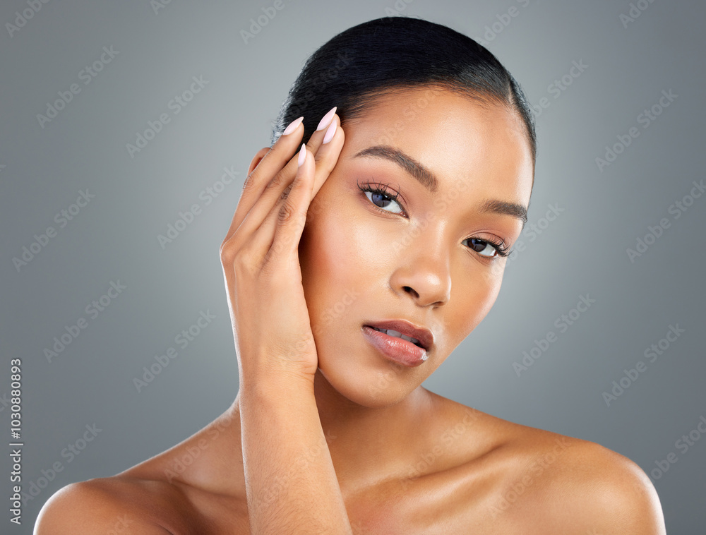 Sticker Hands, manicure or portrait of woman with skincare or facial glow in studio on grey background. Dermatology treatment, girl or face of confident model with cosmetics, beauty or transformation results