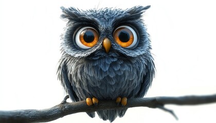 Fototapeta premium A charming, whimsical owl perched on a branch, showcasing its large, expressive eyes and fluffy feathers against a bright background.