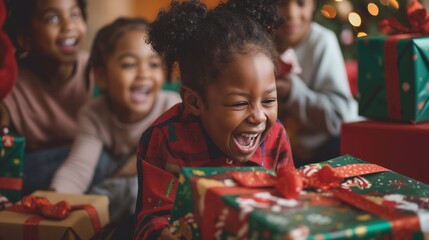 Happy black smiling girl is laughing while opening a christmas present, surrounded by friends and family in front of a decorated christmas tree. Happy New Year and Merry Christmas at home