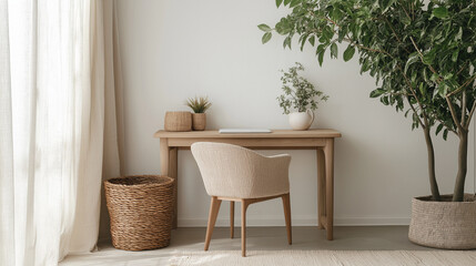 Minimalist home office with a light oak desk and comfortable beige linen chair. Smooth white walls highlight natural materials, while indoor plants and a woven basket add warmth and texture.