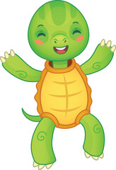 Cheerful cartoon turtle happily walks with arms wide open and a big smile, perfect for kids designs.