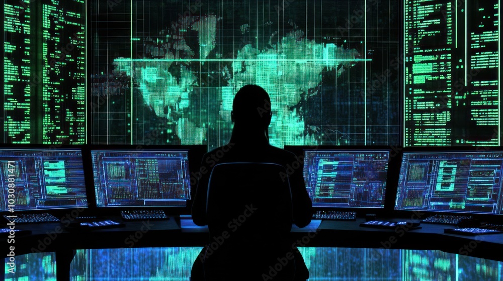 Poster Silhouetted Hacker Working on Multiple Computer Screens with Green Code and World Map
