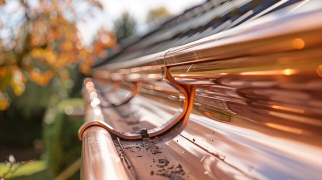 Close-up of Copper Gutters on a Residential Roof