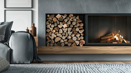 Modern Fireplace Design with Stacked Firewood