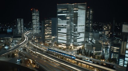 Fototapeta premium Nighttime Cityscape with Train and Elevated Highway