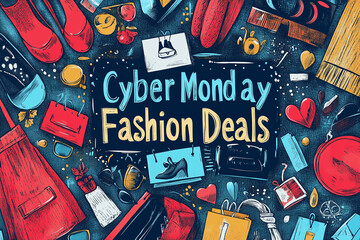 Exciting Cyber Monday fashion deals surrounded by colorful accessories and items on a dark background