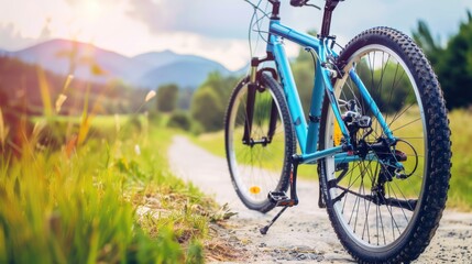 Fototapeta premium Blue Mountain Bike Parked on Gravel Path