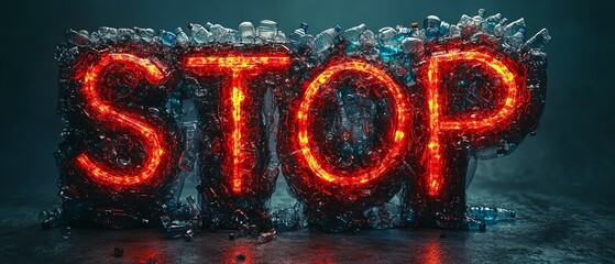 Vibrant illuminated 'STOP' sign crafted from recycled materials, emphasizing environmental awareness and the importance of sustainability.