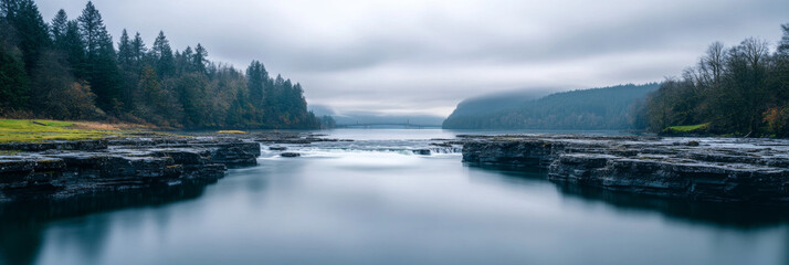 Obraz premium A misty morning over a tranquil river flowing through rocky banks.