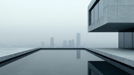 Modern rooftop infinity pool overlooking a foggy cityscape.