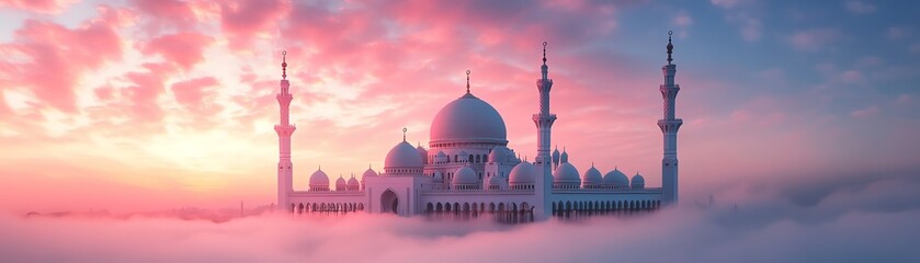 Obraz premium A stunning mosque silhouetted against a vibrant sunset, surrounded by soft clouds, creating a serene and mystical atmosphere.