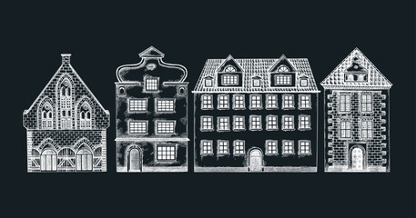 Obraz premium European city architecture sketch. Old building drawings. Vintage houses set. Hand-drawn vector illustration. Architectural card design. NOT AI generated